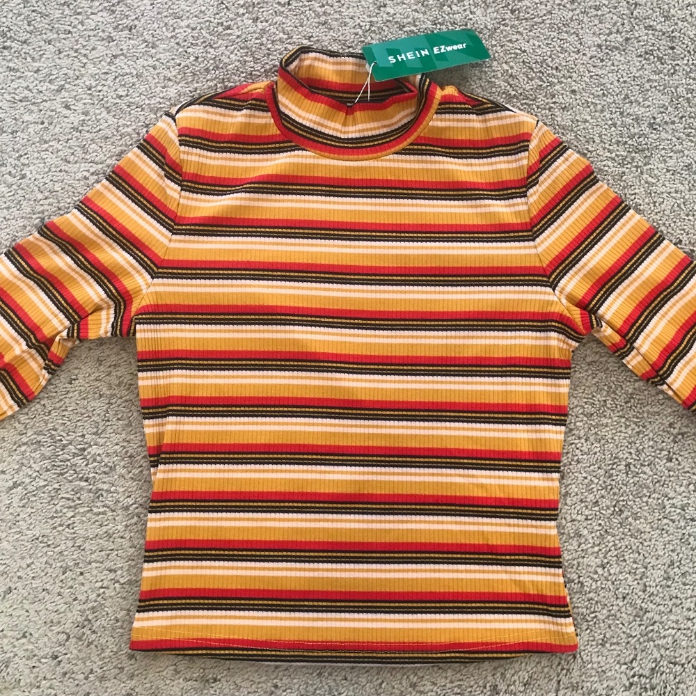 SHEIN EZwear Lapel Stripe Knitted Women's Long Sleeve T-shirt - LARGE, BRAND NEW